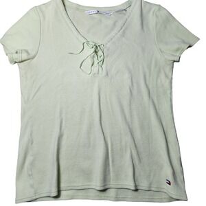VTG 90s Tommy Hilfiger Short Sleeve Cropped Baby Tee Green Lace-up Top